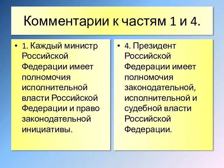 Комментарии к частям 1 и 4. 1. Каждый министр Российской Федерации