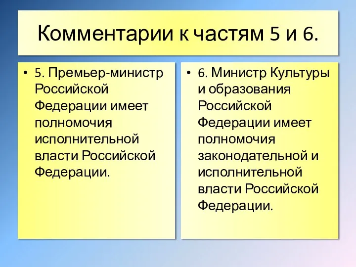 Комментарии к частям 5 и 6. 5. Премьер-министр Российской Федерации имеет