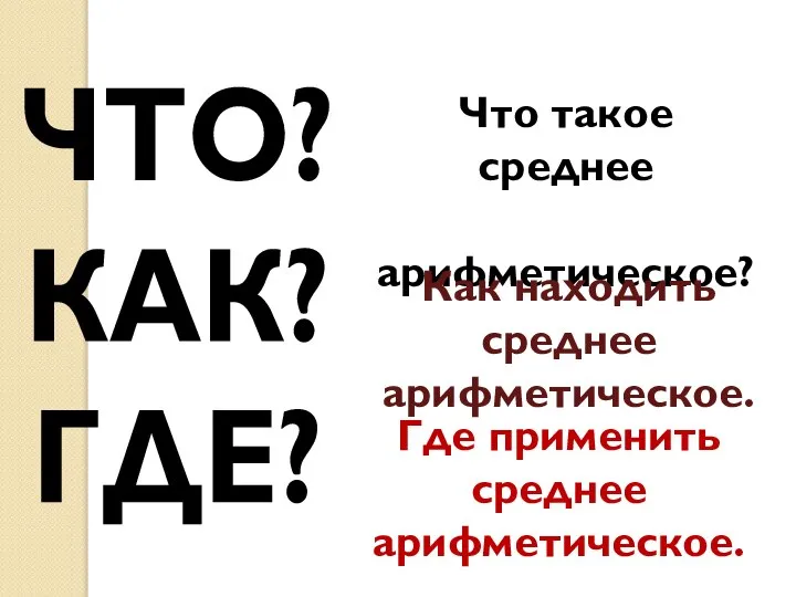 ЧТО? КАК? ГДЕ? Что такое среднее арифметическое? Как находить среднее арифметическое. Где применить среднее арифметическое.