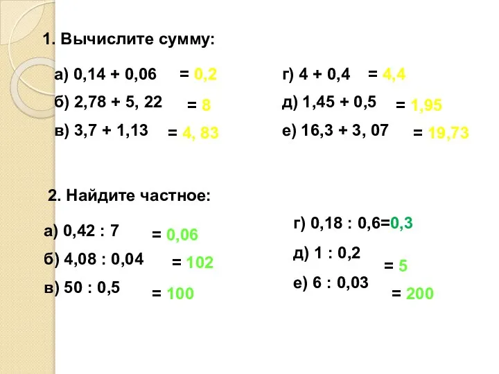 1. Вычислите сумму: а) 0,14 + 0,06 б) 2,78 + 5,