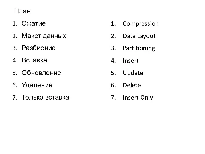 План Сжатие Макет данных Разбиение Вставка Обновление Удаление Только вставка Compression