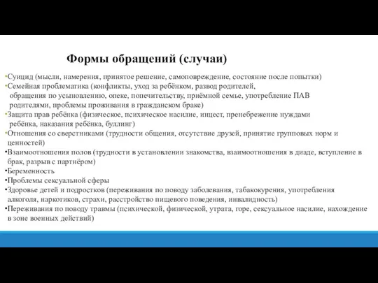 Формы обращений (случаи) Суицид (мысли, намерения, принятое решение, самоповреждение, состояние после