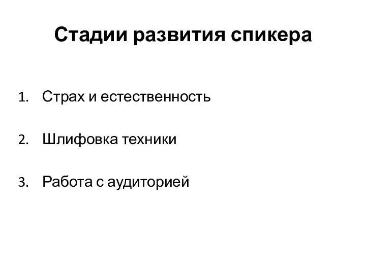 Стадии развития спикера Страх и естественность Шлифовка техники Работа с аудиторией