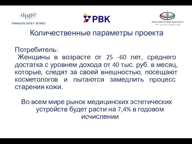 Количественные параметры проекта Потребитель: Женщины в возрасте от 25 -60 лет,