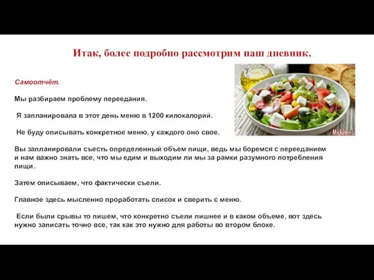 Итак, более подробно рассмотрим наш дневник. Самоотчёт. Мы разбираем проблему переедания.