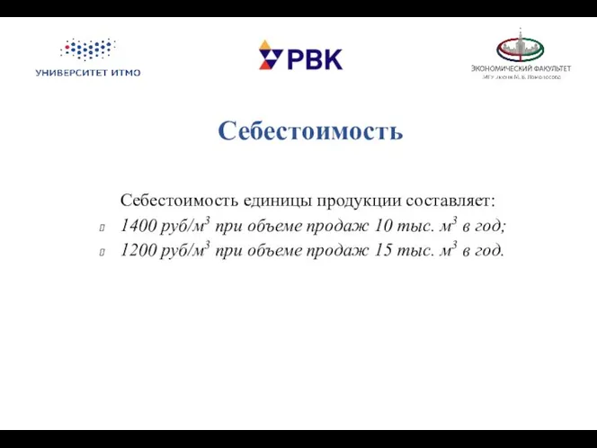 Себестоимость Себестоимость единицы продукции составляет: 1400 руб/м3 при объеме продаж 10