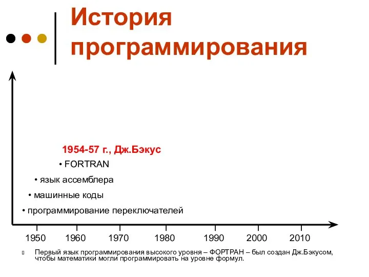 Первый язык программирования высокого уровня – ФОРТРАН – был создан Дж.Бэкусом,