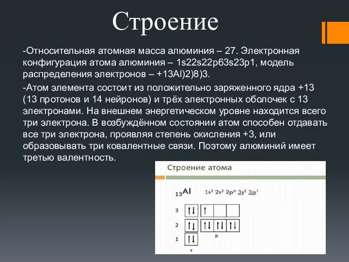 Строение -Относительная атомная масса алюминия – 27. Электронная конфигурация атома алюминия