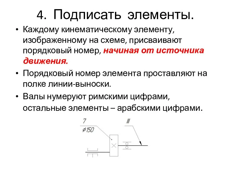 4. Подписать элементы. Каждому кинематическому элементу, изображенному на схеме, присваивают порядковый