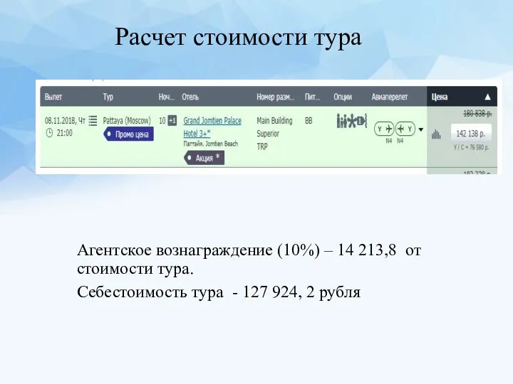 Расчет стоимости тура Агентское вознаграждение (10%) – 14 213,8 от стоимости