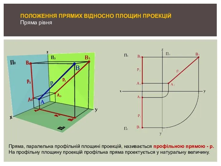 Пряма, паралельна профільній площині проекцій, називається профільною прямою - p. На