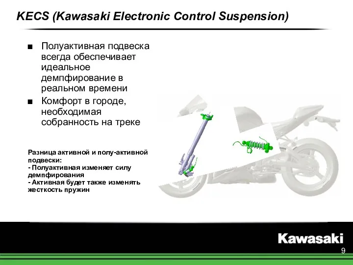 KECS (Kawasaki Electronic Control Suspension) Полуактивная подвеска всегда обеспечивает идеальное демпфирование