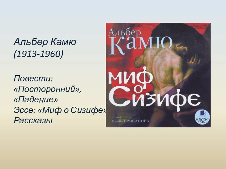 Альбер Камю (1913-1960) Повести: «Посторонний», «Падение» Эссе: «Миф о Сизифе» Рассказы