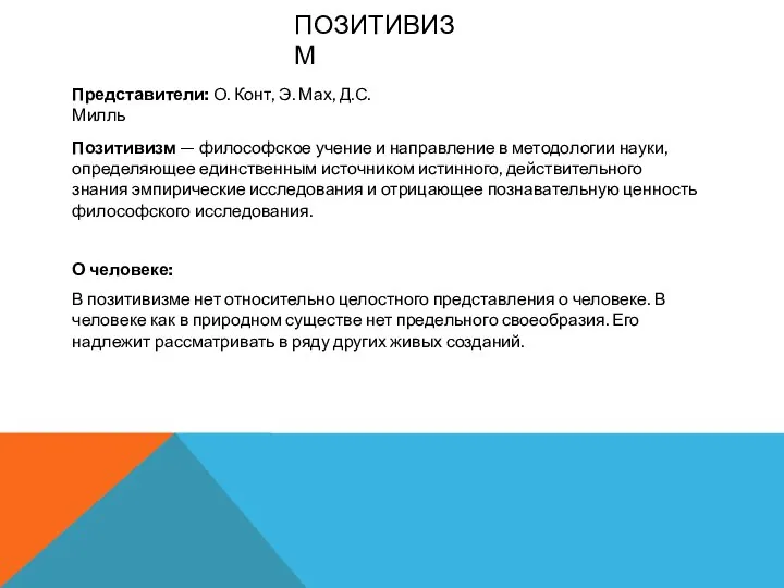 ПОЗИТИВИЗМ Позитивизм — философское учение и направление в методологии науки, определяющее