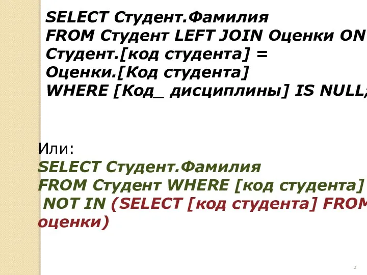 SELECT Студент.Фамилия FROM Студент LEFT JOIN Оценки ON Студент.[код студента] =