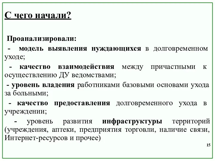 С чего начали? Проанализировали: - модель выявления нуждающихся в долговременном уходе;