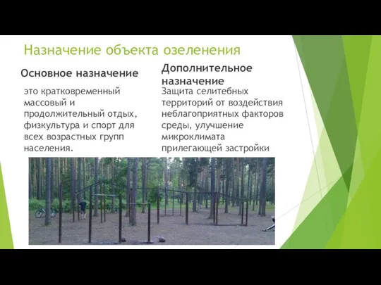 Назначение объекта озеленения Основное назначение это кратковременный массовый и продолжительный отдых,