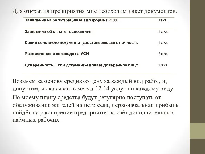 Для открытия предприятия мне необходим пакет документов. Возьмем за основу среднюю