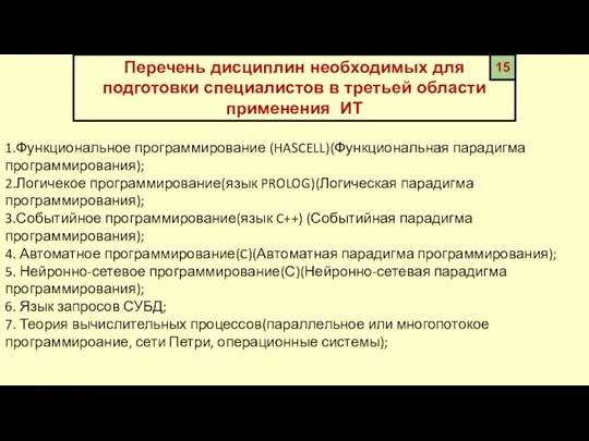 Перечень дисциплин необходимых для подготовки специалистов в третьей области применения ИТ