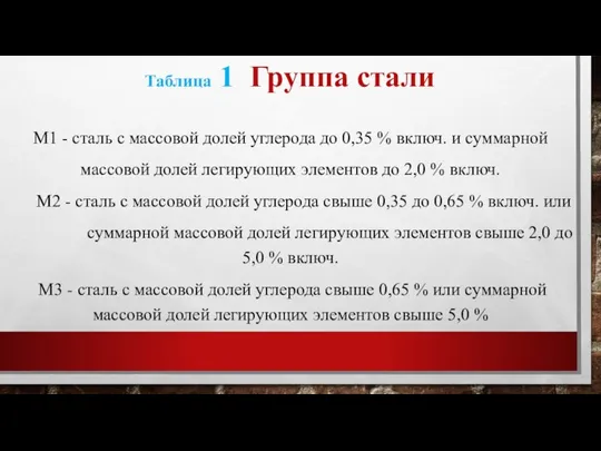 Таблица 1 Группа стали М1 - сталь с массовой долей углерода