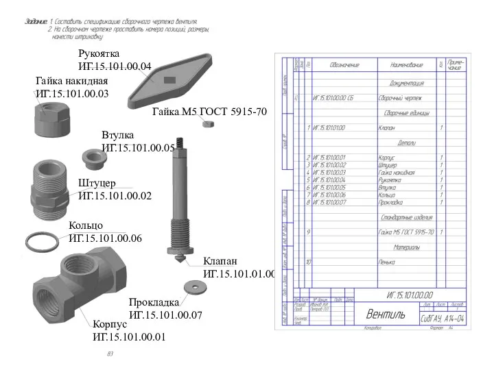 Корпус ИГ.15.101.00.01 Клапан ИГ.15.101.01.00 Штуцер ИГ.15.101.00.02 Гайка накидная ИГ.15.101.00.03 Рукоятка ИГ.15.101.00.04