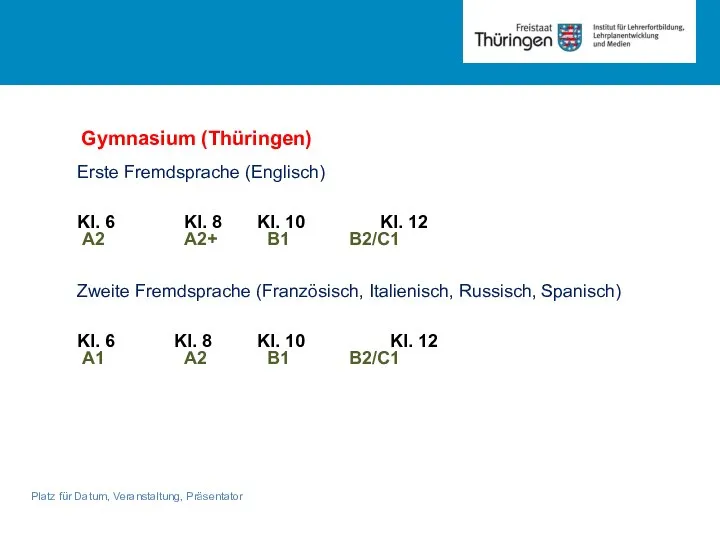 Platz für Datum, Veranstaltung, Präsentator Gymnasium (Thüringen) Erste Fremdsprache (Englisch) Kl.