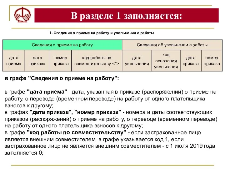 В разделе 1 заполняется: 1. Сведения о приеме на работу и