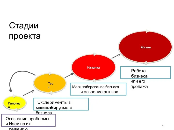 Стадии проекта Гипотеза Тест Жизнь Накачка Осознание проблемы и Идеи по