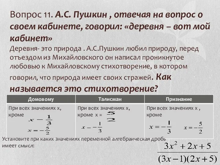 Вопрос 11. А.С. Пушкин , отвечая на вопрос о своем кабинете,