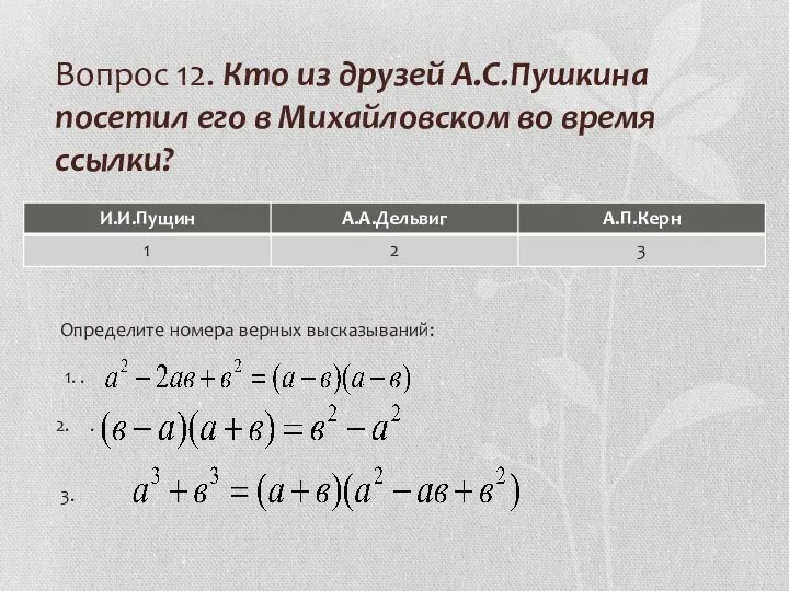 Вопрос 12. Кто из друзей А.С.Пушкина посетил его в Михайловском во