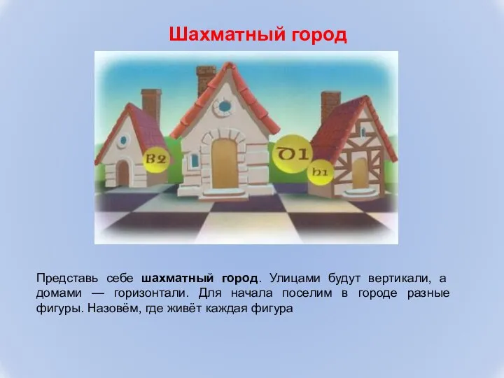 Шахматный город Представь себе шахматный город. Улицами будут вертикали, а домами