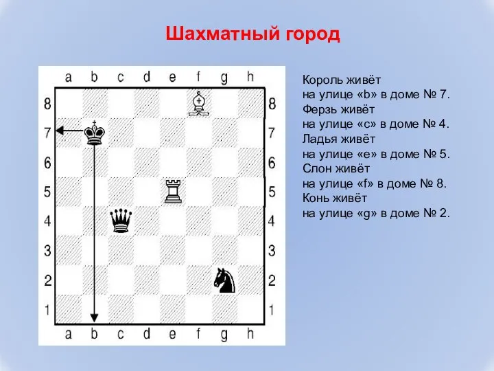 Шахматный город Король живёт на улице «b» в доме № 7.