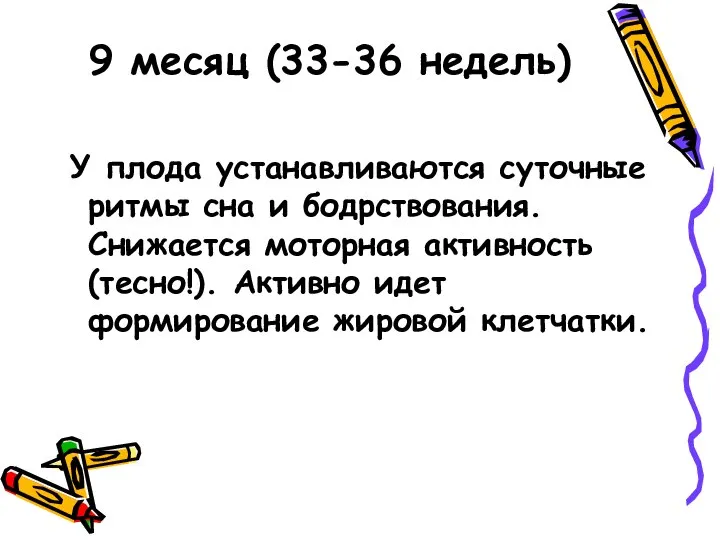 9 месяц (33-36 недель) У плода устанавливаются суточные ритмы сна и