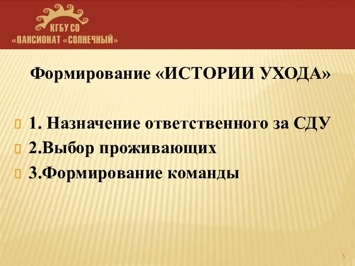 Формирование «ИСТОРИИ УХОДА» 1. Назначение ответственного за СДУ 2.Выбор проживающих 3.Формирование команды