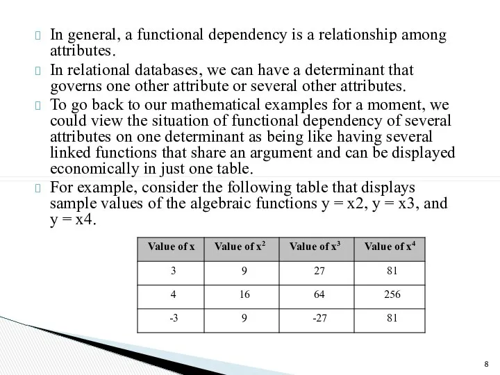 In general, a functional dependency is a relationship among attributes. In