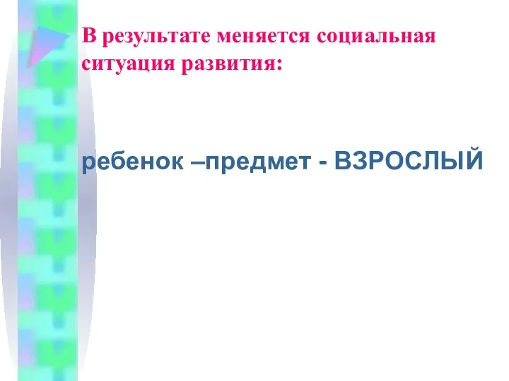 В результате меняется социальная ситуация развития: ребенок –предмет - ВЗРОСЛЫЙ