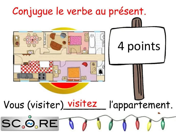 visitez 4 points Conjugue le verbe au présent. Vous (visiter)_______ l’appartement.