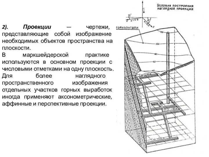 2). Проекции — чертежи, представляющие собой изображение необходимых объектов пространства на