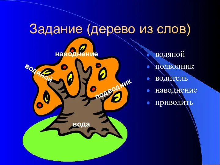 Задание (дерево из слов) водяной подводник водитель наводнение приводить вода подводник водяной наводнение