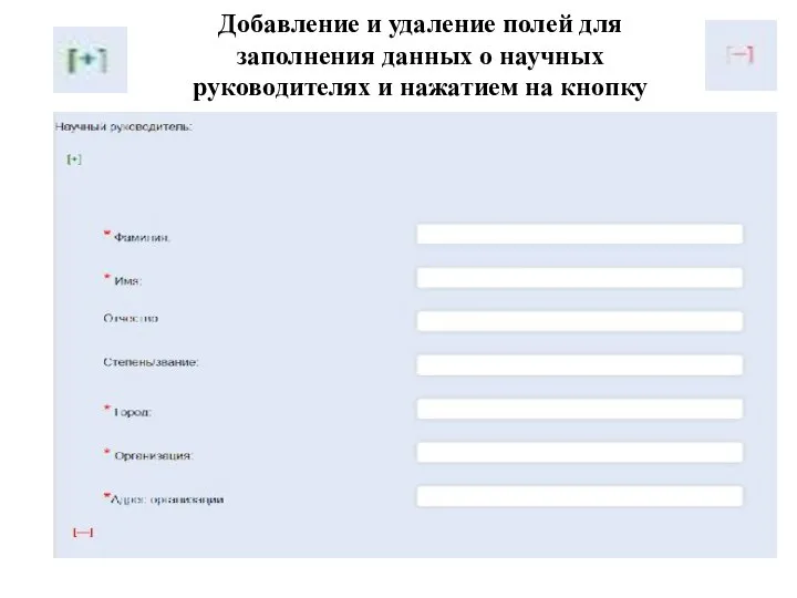 Добавление и удаление полей для заполнения данных о научных руководителях и нажатием на кнопку
