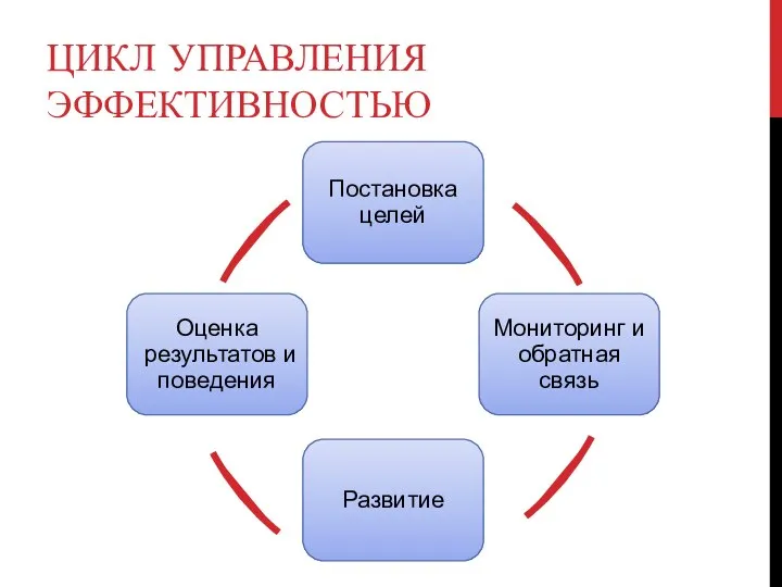 Постановка целей Мониторинг и обратная связь Развитие Оценка результатов и поведения ЦИКЛ УПРАВЛЕНИЯ ЭФФЕКТИВНОСТЬЮ