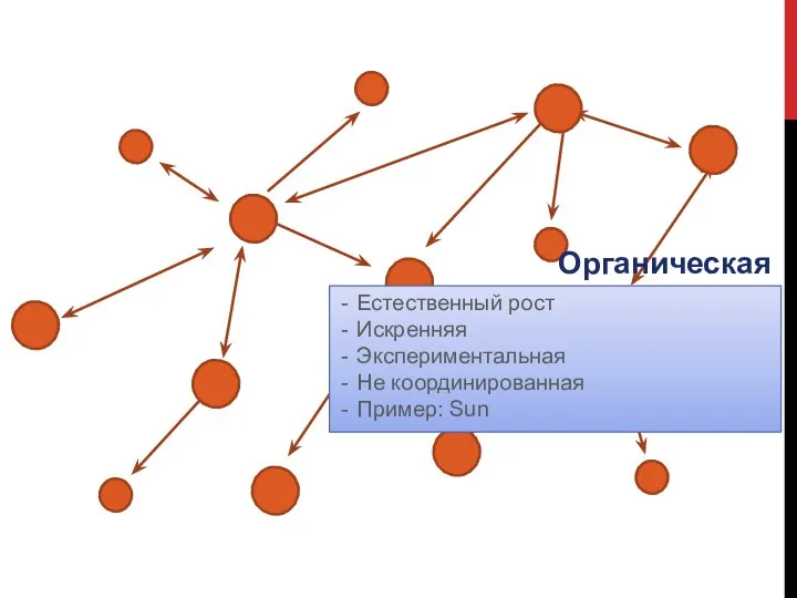 Органическая Естественный рост Искренняя Экспериментальная Не координированная Пример: Sun