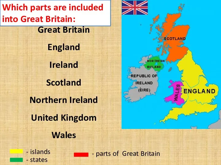 Highlight the names of islands: Great Britain England Ireland Scotland Northern