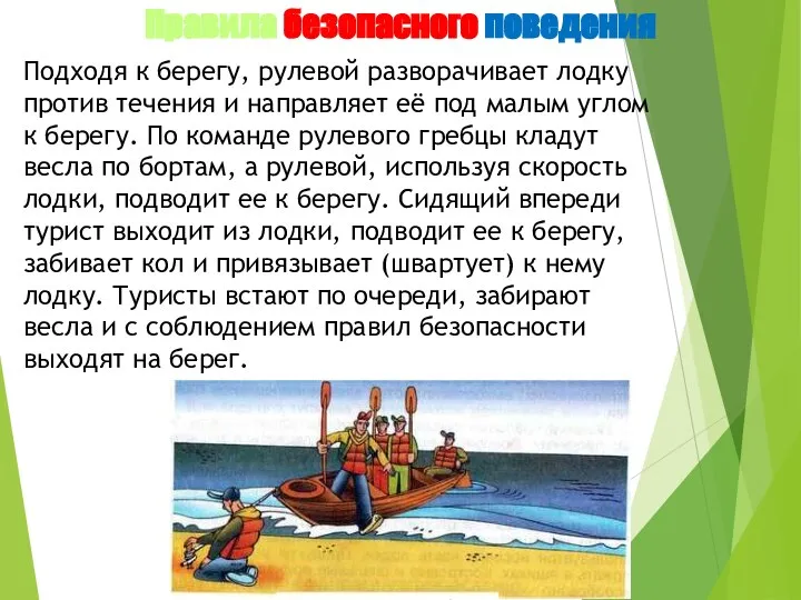 Правила безопасного поведения Подходя к берегу, рулевой разворачивает лодку против течения