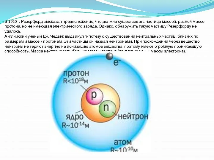 В 1920 г. Резерфорд высказал предположение, что должна существовать частица массой,