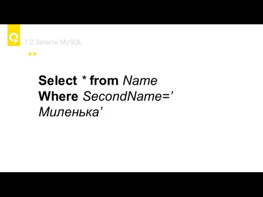 7.2 Запити MySQL Select * from Name Where SecondName=’Миленька’