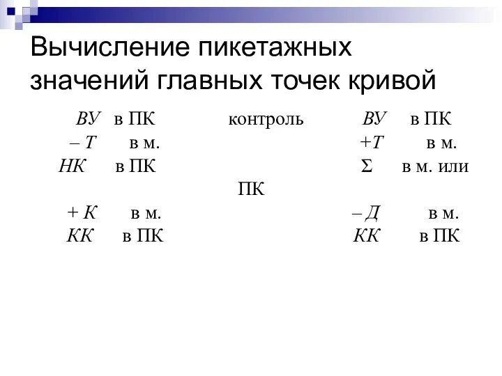 Вычисление пикетажных значений главных точек кривой ВУ в ПК контроль ВУ