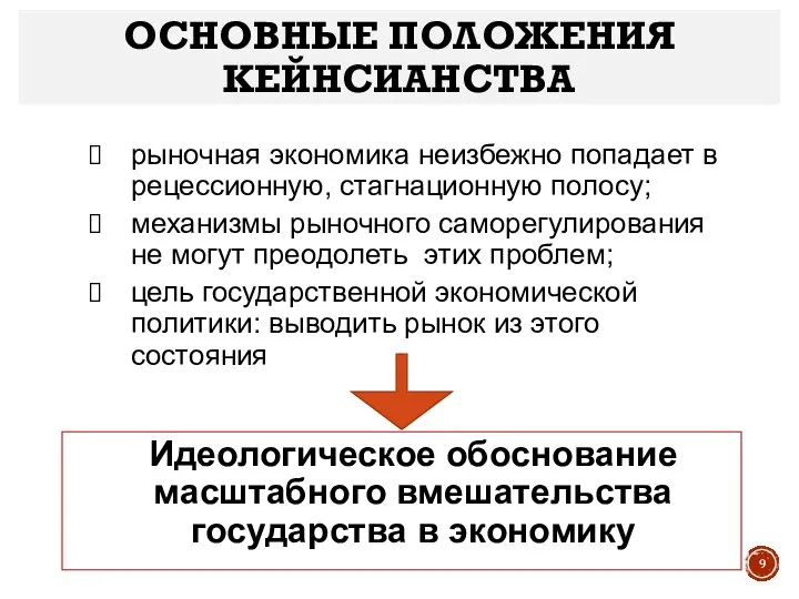 ОСНОВНЫЕ ПОЛОЖЕНИЯ КЕЙНСИАНСТВА рыночная экономика неизбежно попадает в рецессионную, стагнационную полосу;