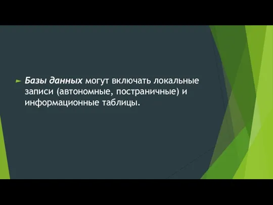 Базы данных могут включать локальные записи (автономные, постраничные) и информационные таблицы.