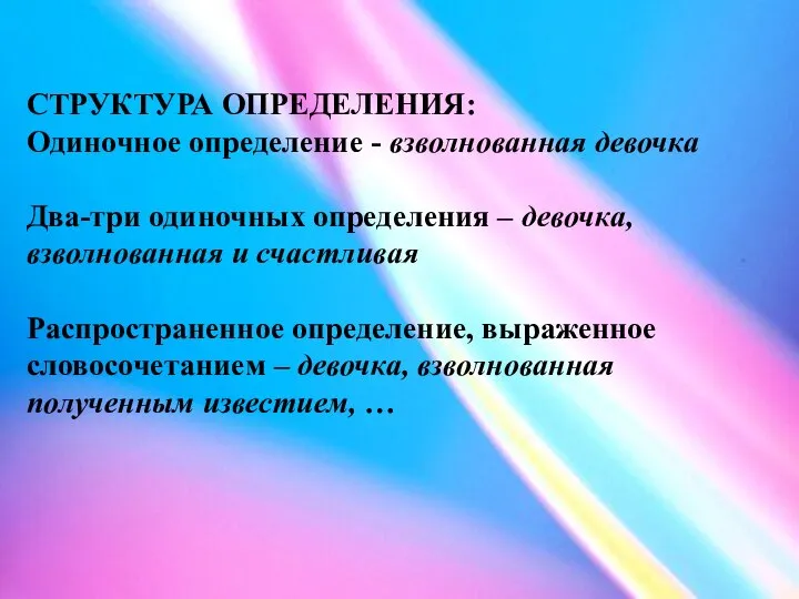 СТРУКТУРА ОПРЕДЕЛЕНИЯ: Одиночное определение - взволнованная девочка Два-три одиночных определения –